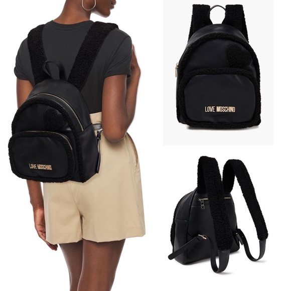 Love Moschino Black Faux Shearling Trimmed Faux Leather Backpack - Picture 1 of 10